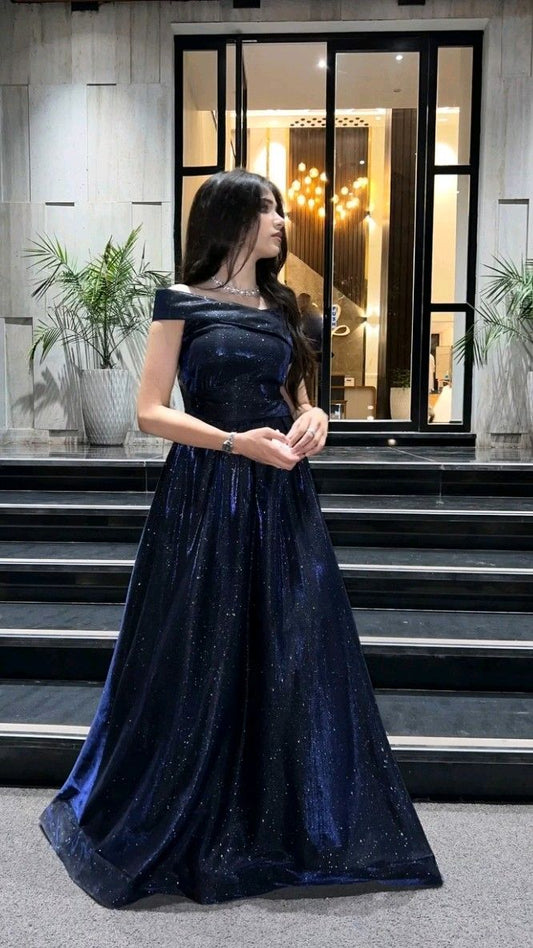 Elegant A line Off The Shoulder Navy Blue With Sleeves Winter Long Formal Ideas Prom Evening Dress Dinner Outfits Party Gowns For Women AB2033
