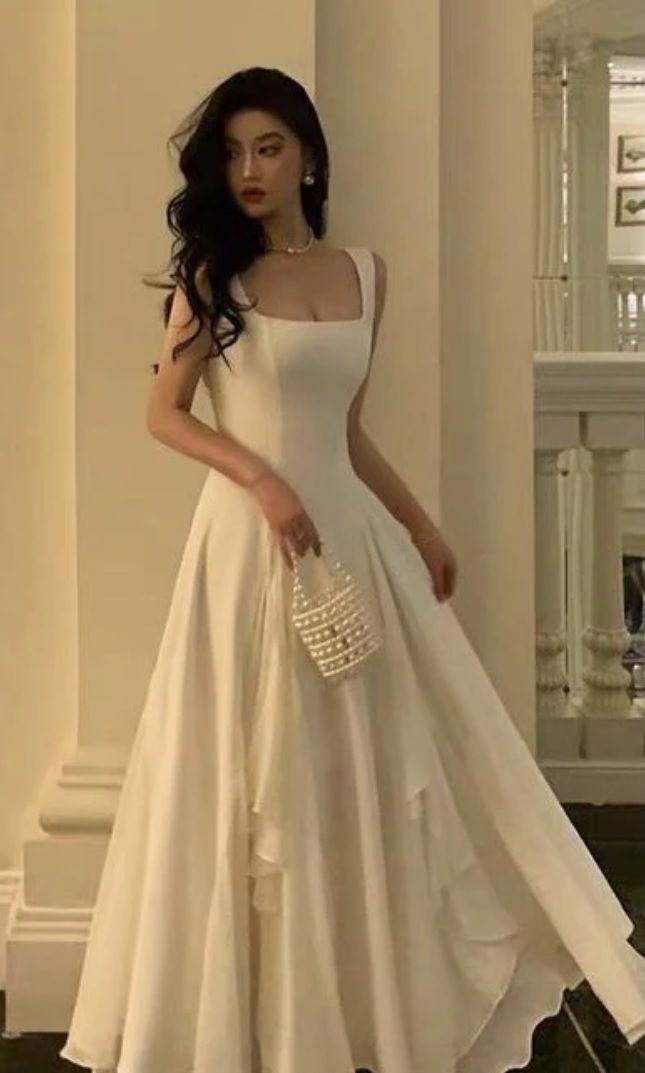 Gorgeous A Line Square Neckline Sleeveless White Date Night Dress Prom Dresses Birthday Outfits AB1915