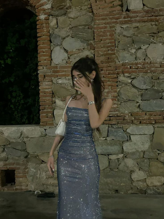 Simple Evening Dresses Women Sequined Fashion Blue Mermaid Prom Gowns Shiny Party Wear Fashion N1800