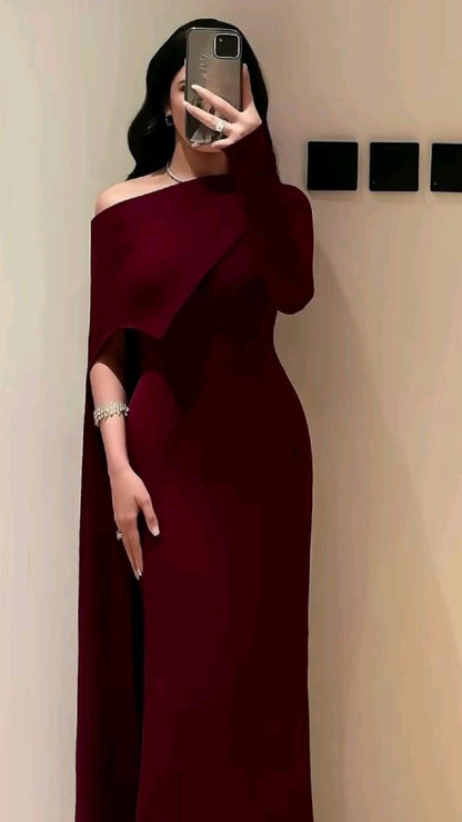 Elegant Mermaid One Shoulder Burgundy With Sleeves Winter Long Formal Ideas Prom Evening Dress Dinner Outfits Party Gowns For Women AB2037