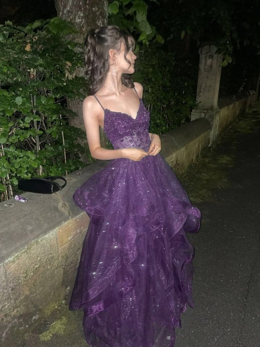 Purple Prom Dresses Sparkly & Elegant Sequins Women With Beadings Long Prom Gown Party Wear Dresses N1851