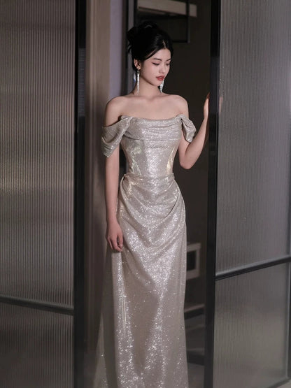 Glittery Sheath Off The Shoulder With Sleeves Sequins Prom Dresses Inspiration Long Night Outfits 18th Birthday Outfits AB2225
