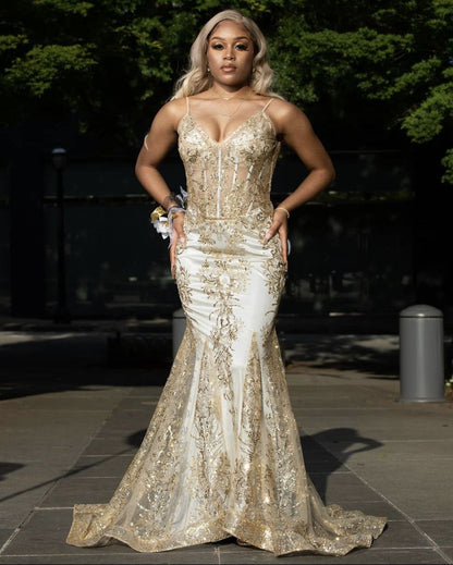 Sexy Mermaid Spaghetti Straps Gold Sequin Inspo For Black Women Girls Formal Party Gowns Long Prom Dresses AB1763