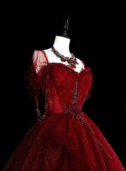 Ball Gown Sweetheart Burgundy Tulle With Beads Prom Dresses Evening Gown Formal Dress Vintage Party N1777