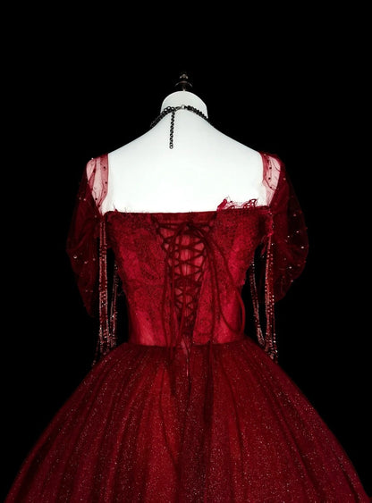 Ball Gown Sweetheart Burgundy Tulle With Beads Prom Dresses Evening Gown Formal Dress Vintage Party N1777