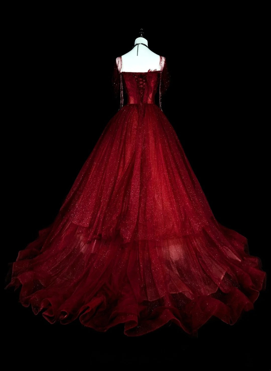 Ball Gown Sweetheart Burgundy Tulle With Beads Prom Dresses Evening Gown Formal Dress Vintage Party N1777