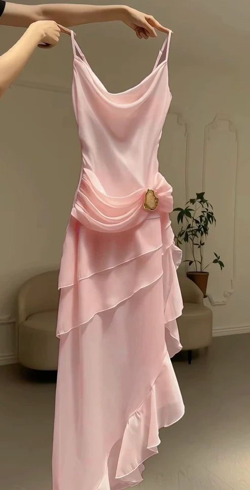 Elegant Pink Vintage Spaghetti Strap Long Chiffon Prom Dress Evening Dress Party Dress N1869