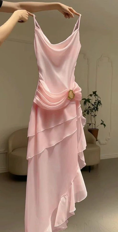 Elegant Pink Vintage Spaghetti Strap Long Chiffon Prom Dress Evening Dress Party Dress N1869