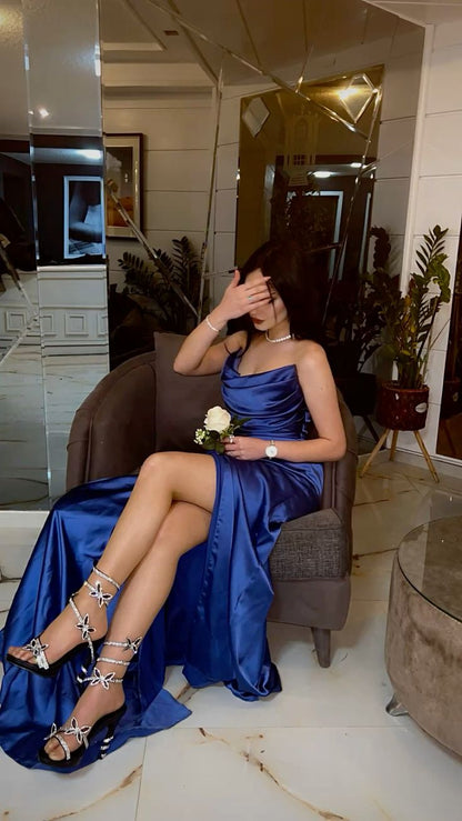 Modest Senior Prom Dresses High Schools Inspiration Mermaid Strapless Royal Blue Slit Semi Formal Grad Long Prom Dress For Teens AB2136