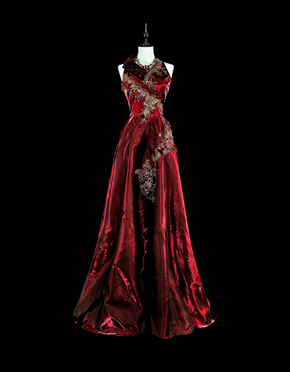 Vintage A line Scoop Burgundy Satin 80s Evening Gowns Formal Birthday Dress Long Prom Dresses N1758