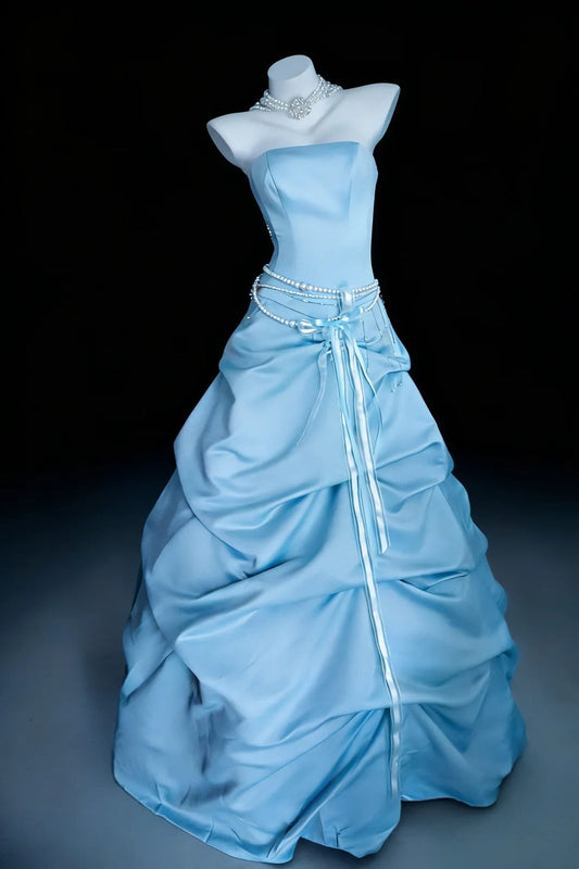 Modest Prom Dresses Ball Gown Strapless Blue Satin With Ruffled Long Quince Dress N3049