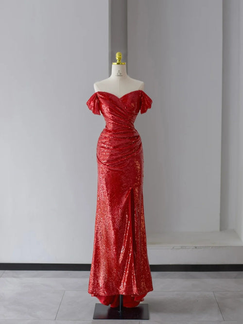 Glitter Prom Dresses Mermaid Off The Shoulder Red Sequined With Ruffle Long Formal Gown N2945