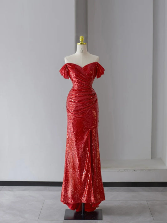 Glitter Prom Dresses Mermaid Off The Shoulder Red Sequined With Ruffle Long Formal Gown N2945