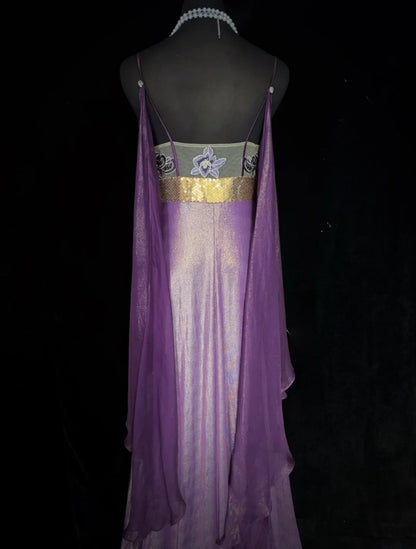 Charming Prom Dresses A line Spaghetti Strap Purple Chiffon With Cape Long Formal Evening Dress N3897