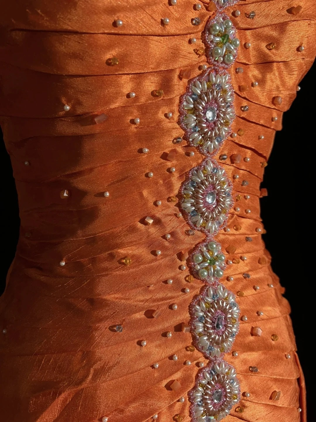 Vintage Prom Aesthetic Dresses A Line Spaghetti Strap Orange Satin With Beading Long Formal Dance Dress N3007