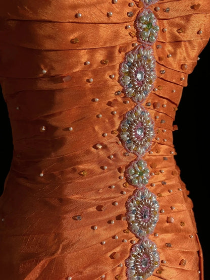 Vintage Prom Aesthetic Dresses A Line Spaghetti Strap Orange Satin With Beading Long Formal Dance Dress N3007