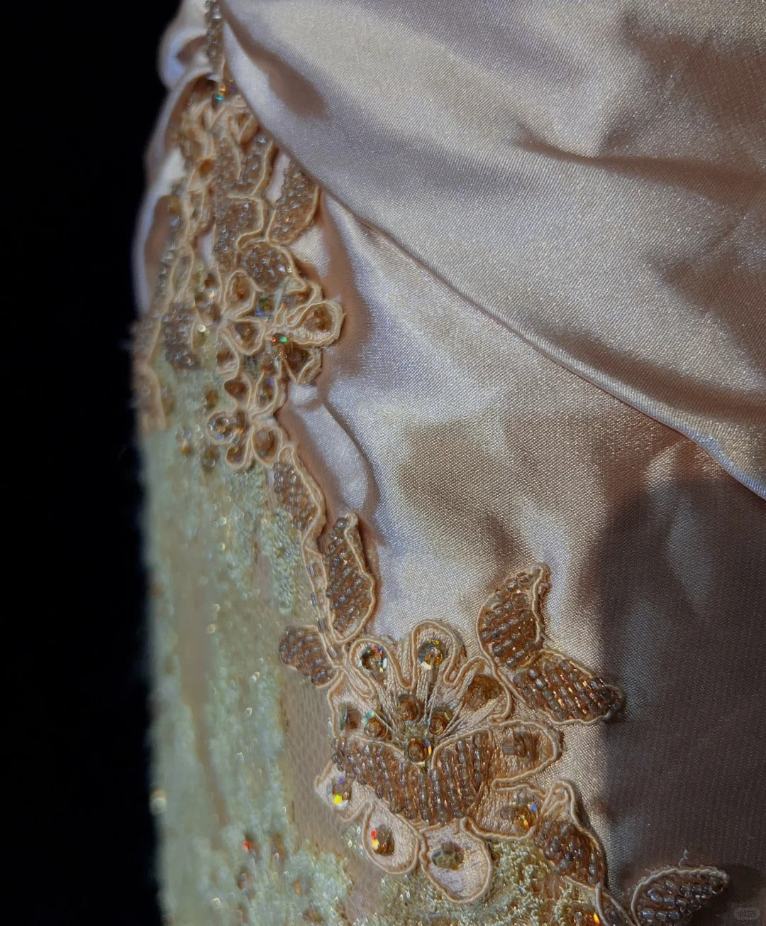 Glamour Prom Dresses Mermaid Strapless Blush Pink Satin Gold Lace With Beading Formal Evening Outfits N3835