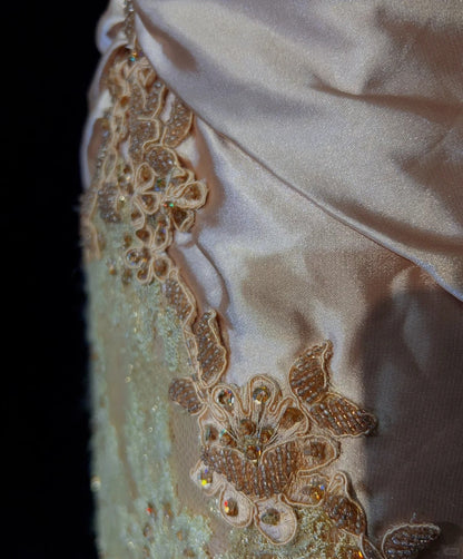Glamour Prom Dresses Mermaid Strapless Blush Pink Satin Gold Lace With Beading Formal Evening Outfits N3835