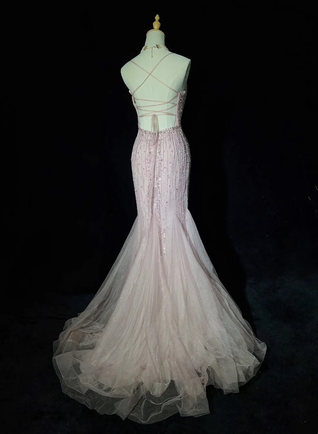 Timeless Prom Dresses Mermaid Spaghetti Strap Light Pink Tulle With Beading Backless Long Evening Outfits N3233