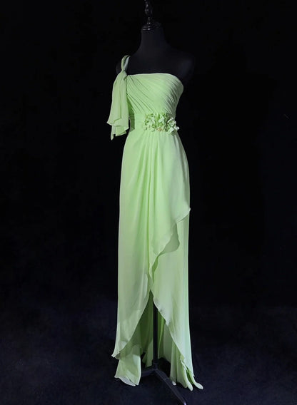 Beautiful Prom Dresses A line One Shoulder Chiffon Green With Ruffled Long Evening Outfits N3383