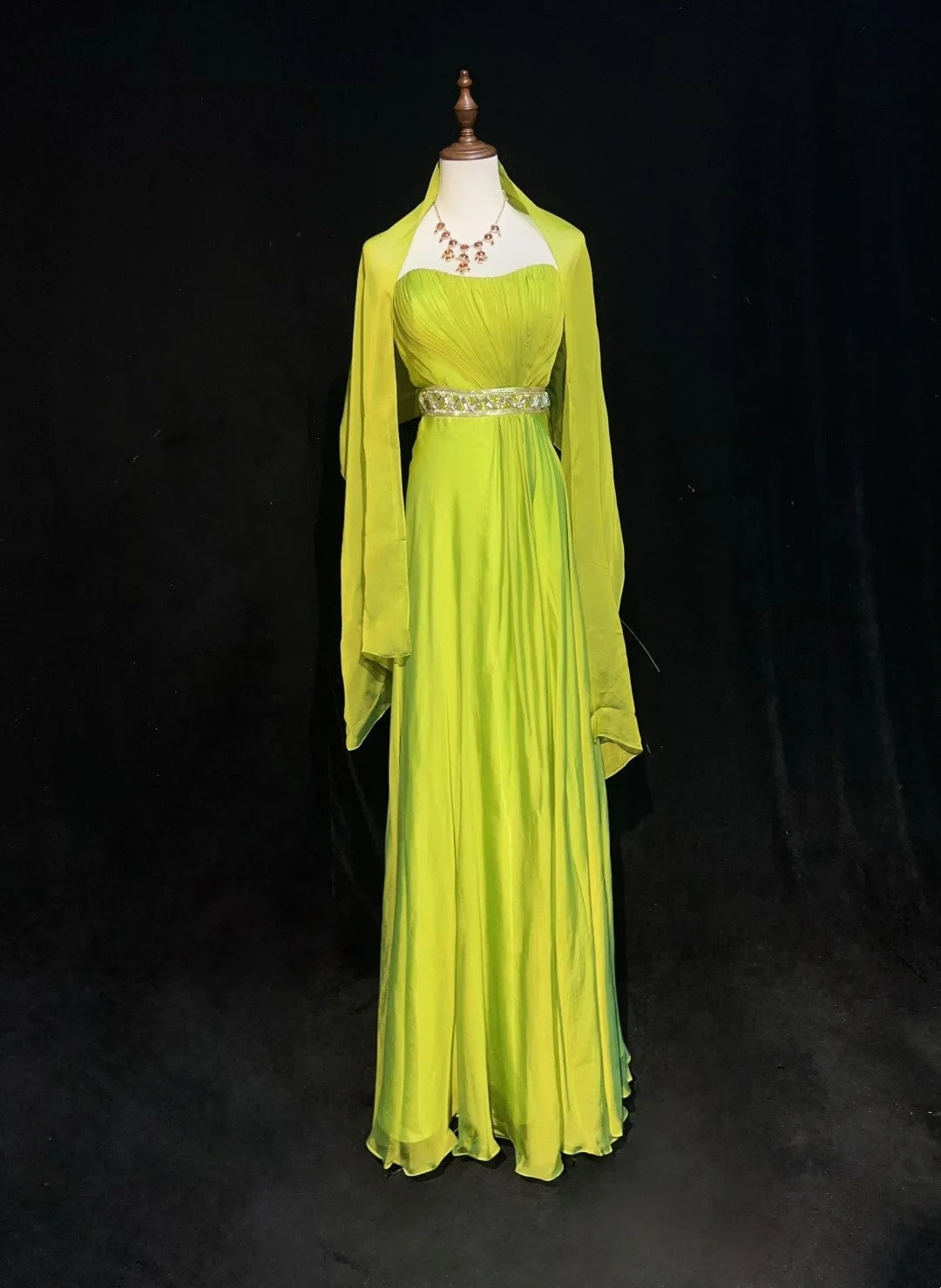Vintage 90s Prom Dresses A Line Strapless Green Chiffon With Pleated Cape Formal Evening Outfits N3852