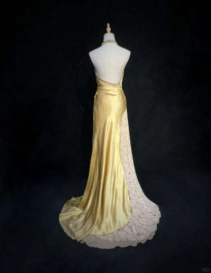 Modest Prom Dresses Mermaid Halter Gold Satin With Beading Lace Long Formal Evening Dress N3865