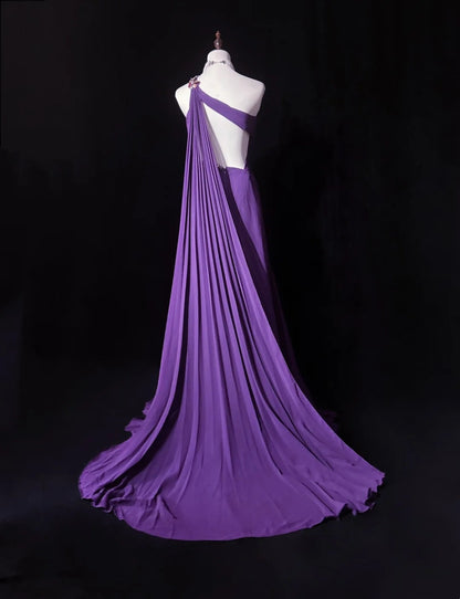 Vintage Prom Dresses A line One Shoulder Purple Chiffon 80s With Beaded Long Formal Evening Outfits N3889