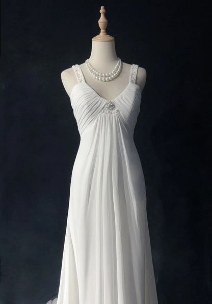 Simple White Prom Dresses A line V Neck Chiffon Sleeveless With Beaded Semi Formal Evening Dress N3820