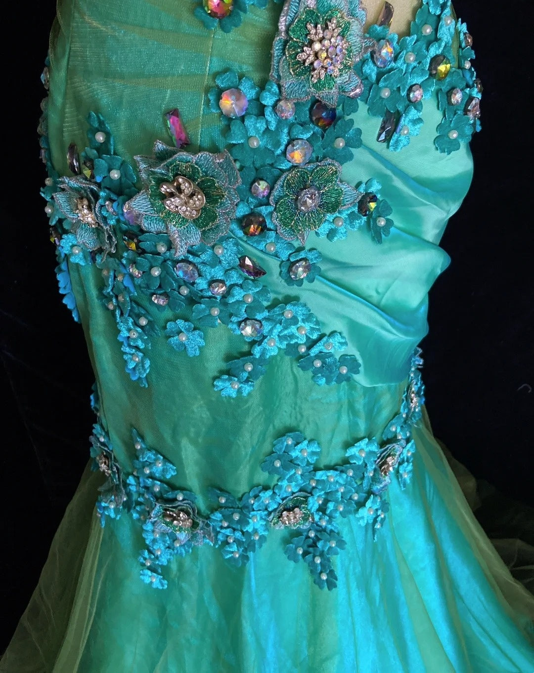 Elegant Prom Dresses Mermaid Spaghetti Strap Green Tulle With Flowers Floor Length Formal Evening Outfits N3490