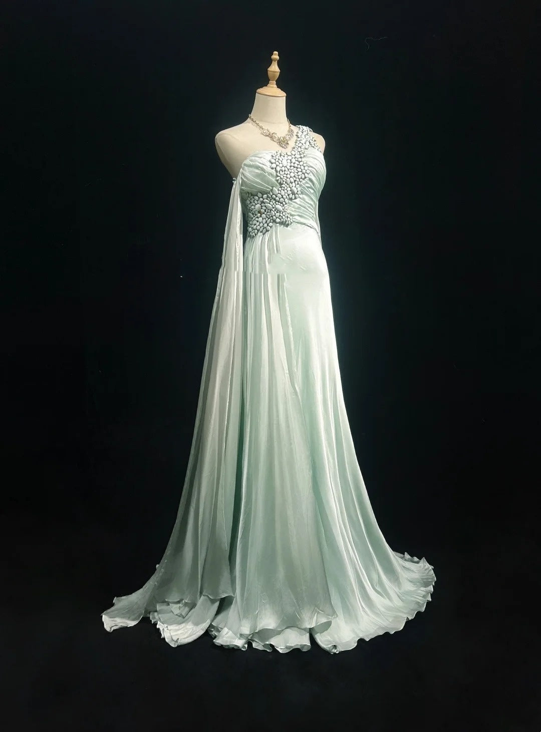 Beautiful Prom Dresses A line One Shoulder Light Green Chiffon With Crystals Long Formal Evening Outfits N3678