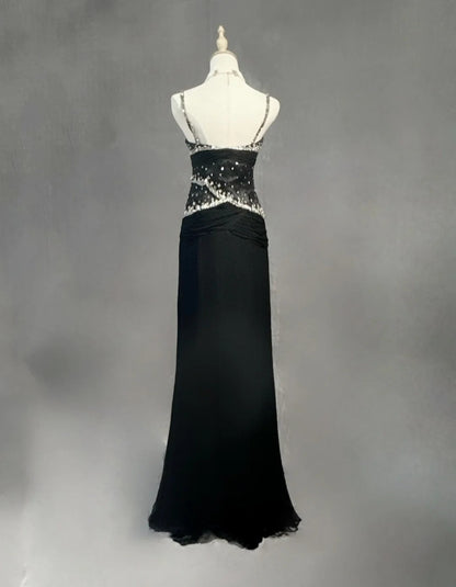 Modest Prom Dresses Mermaid Spaghetti Strap Black Tie Chiffon With Beading Formal Evening Dress N3857