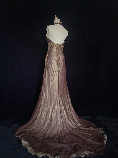 Vintage Prom Dresses Inspo Mermaid V Neck Brown Satin Long 1990s With Beading Formal Gowns N3352