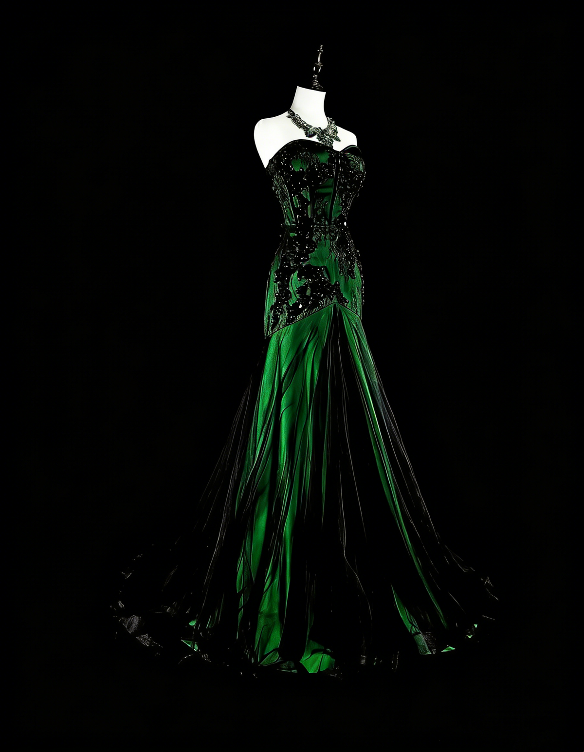 Modest Mermaid Sweetheart Black Tulle Green Satin With Appliques Long Prom Gown Party Wear Dresses N1848