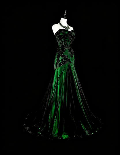 Modest Mermaid Sweetheart Black Tulle Green Satin With Appliques Long Prom Gown Party Wear Dresses N1848