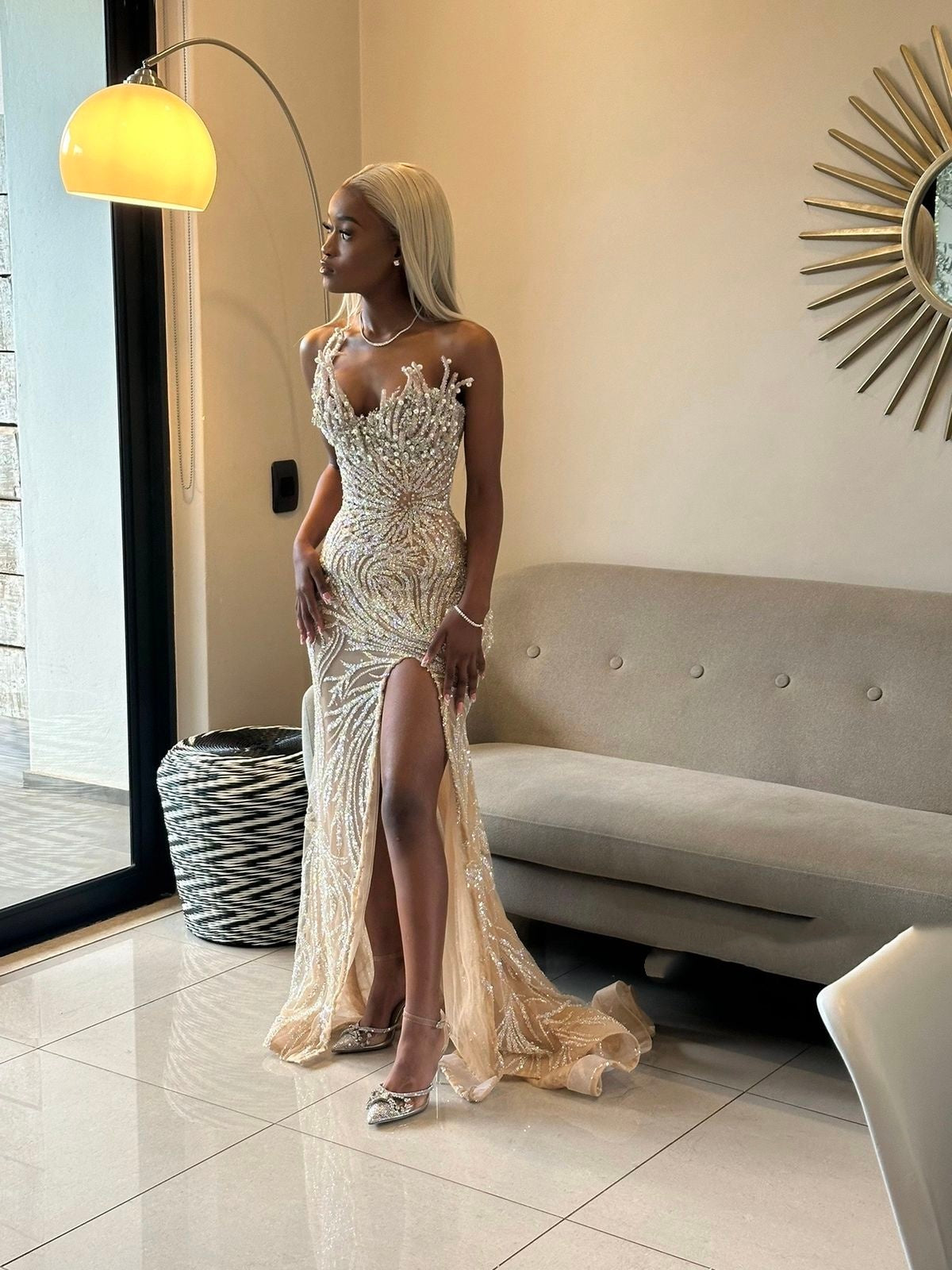 Glitter Sequins Mermaid Party Evening Dress Champagne Prom Dress N1503