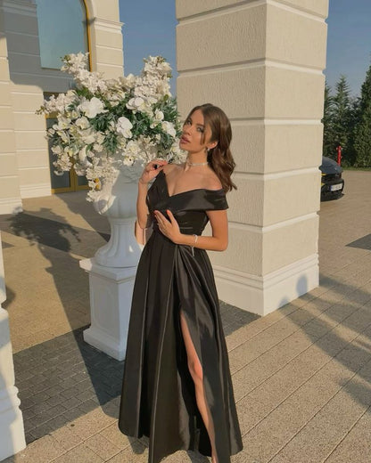 Simple A line Off The Shoulder Black With Split Long Formal Fancy Prom Evening Dress Dinner Outfits Classy Party Gowns For Black Girls AB2097