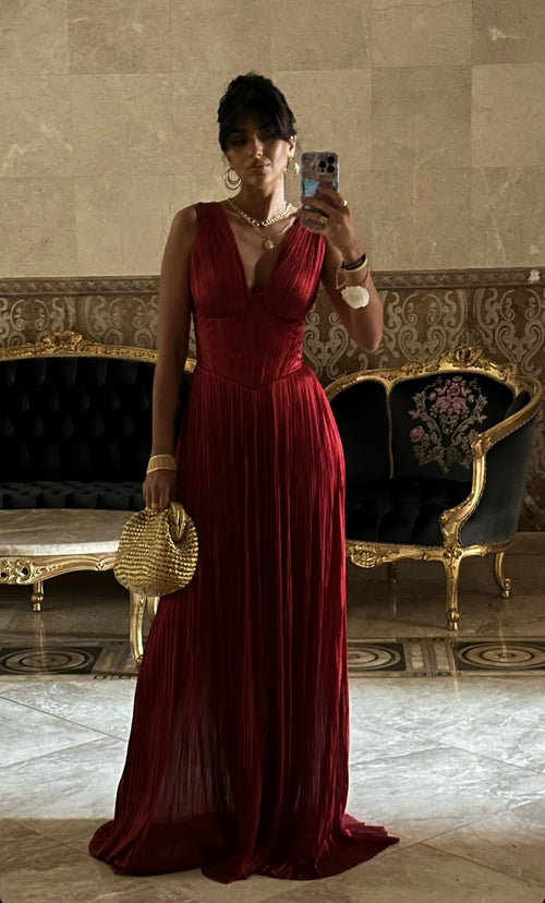 Chic A line V Neck Burgundy Chiffon Pleated Sleeveless Long Party Women Prom Dresses AB1876