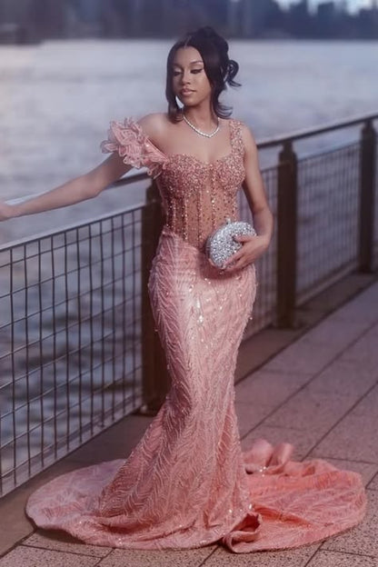 Elegant Dusty Rose Off-The-Shoulder Sweetheart Prom Dresses Mermaid Column Floor Length With Beads N1767