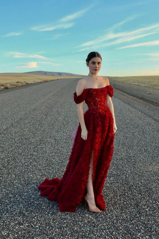 Simple A line Off The Shoulder Red With Split Long Formal Fancy Prom Evening Dress Dinner Outfits Classy Party Gowns For Black Girls AB2101