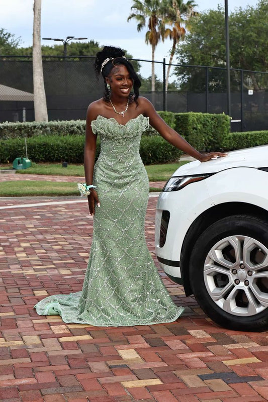 Modest Senior Prom Dresses High Schools Inspiration Mermaid Sweetheart Mint Green Sequin Semi Formal Grad Long Prom Dress For Teens AB1975