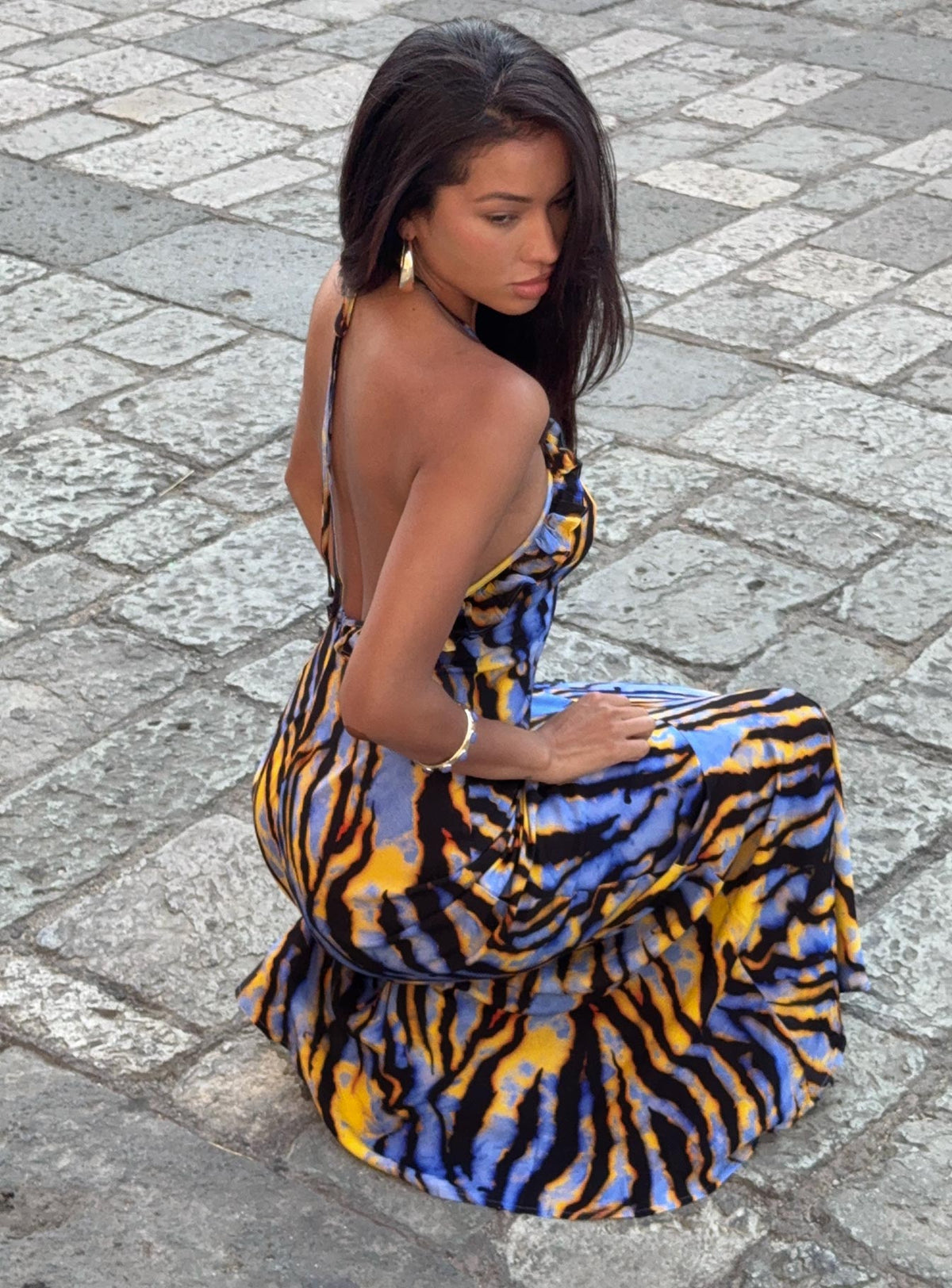 Virginia Beach Backless Maxi Dress Blue Zebra