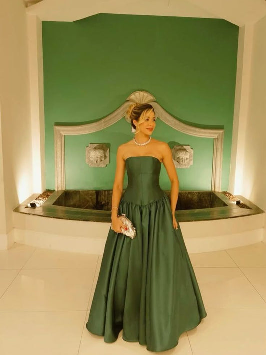 Modest Senior Prom Dresses High Schools Inspiration A Line Strapless Dark Green Satin Semi Formal Grad Long Prom Dresses For Teens AB2155