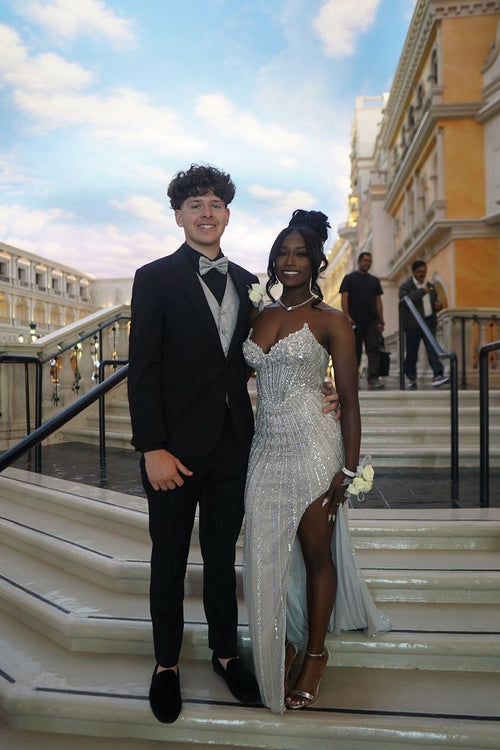 Classic Mermaid Silver Sequins Long For Women Black Girls Teens Evening Prom Dresses N2169
