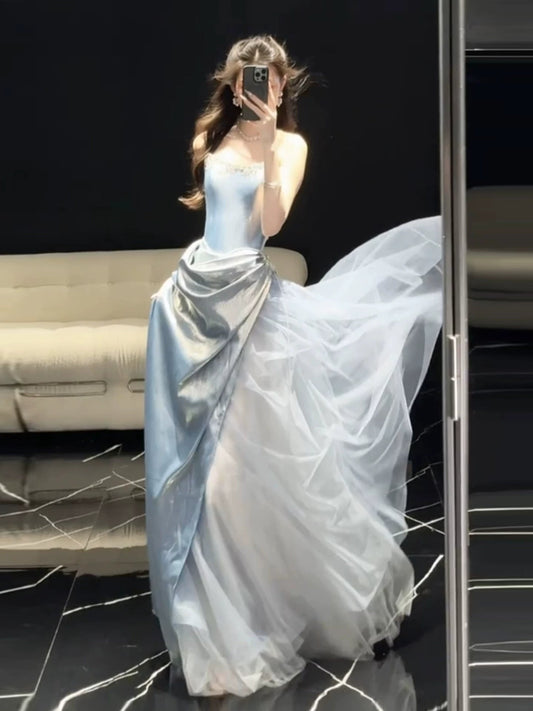 Glittery A Line Strapless Light Blue Sleeveless Prom Dresses Inspiration Long Night Outfits Birthday Outfits AB2215