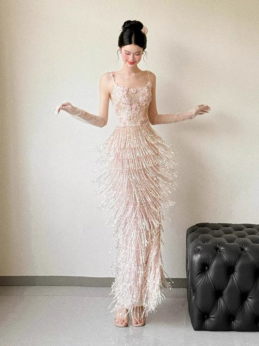 Glittery A line Spaghetti Strap With Tassels Beads Sleeveless Pink Prom Dresses Inspiration Long Night Outfits 18th Birthday Outfits AB2217
