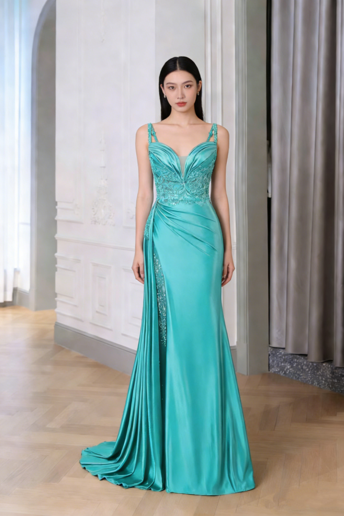 Vintage Mermaid Spaghetti Straps Blue Satin Slit Long Formal Prom Dresses Night Outfits Party Gowns AB2187