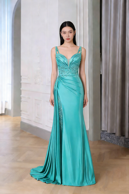 Vintage Mermaid Spaghetti Straps Blue Satin Slit Long Formal Prom Dresses Night Outfits Party Gowns AB2187