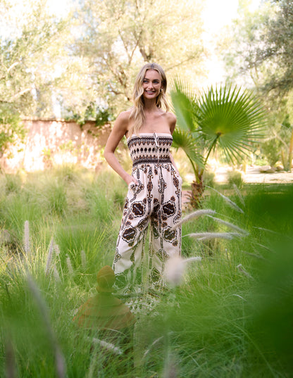 Tribal Print Bardot Tie Neck Jumpsuit