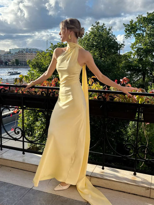 Simple Mermaid One Shoulder Slim Yellow Long Formal Fancy Prom Evening Dress Dinner Outfits Classy Party Gowns AB2048