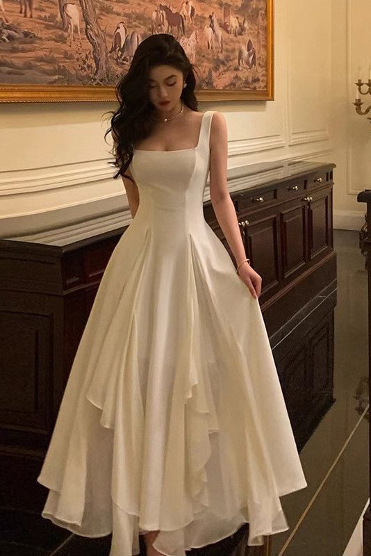 Gorgeous A Line Square Neckline Sleeveless White Date Night Dress Prom Dresses Birthday Outfits AB1915
